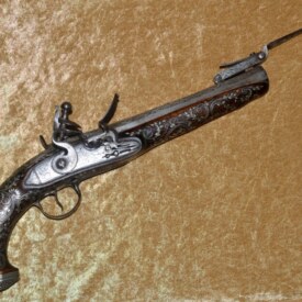 ﻿Exceptional Ottoman Silver-Mounted Flintlock Pistol with Folding Bayonet, ca. 1830