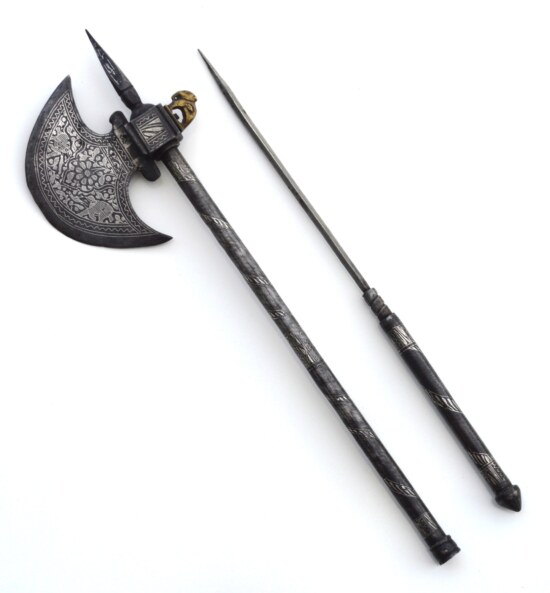 ﻿Silver Damascened Combination Indo-Persian Battle Axe/Stiletto, 19th C
